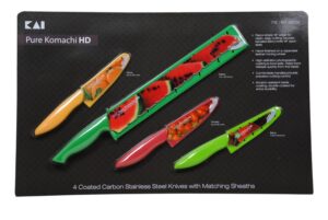 pure komachi hd 4 coated carbon stainless steel knives with matching sheaths (melon, citrus, tomato, and berry)