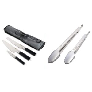 babish german high-carbon 1.4116 steel cutlery, 3-piece w/knife roll & 12” & 9” locking kitchen tong set, stainless steel