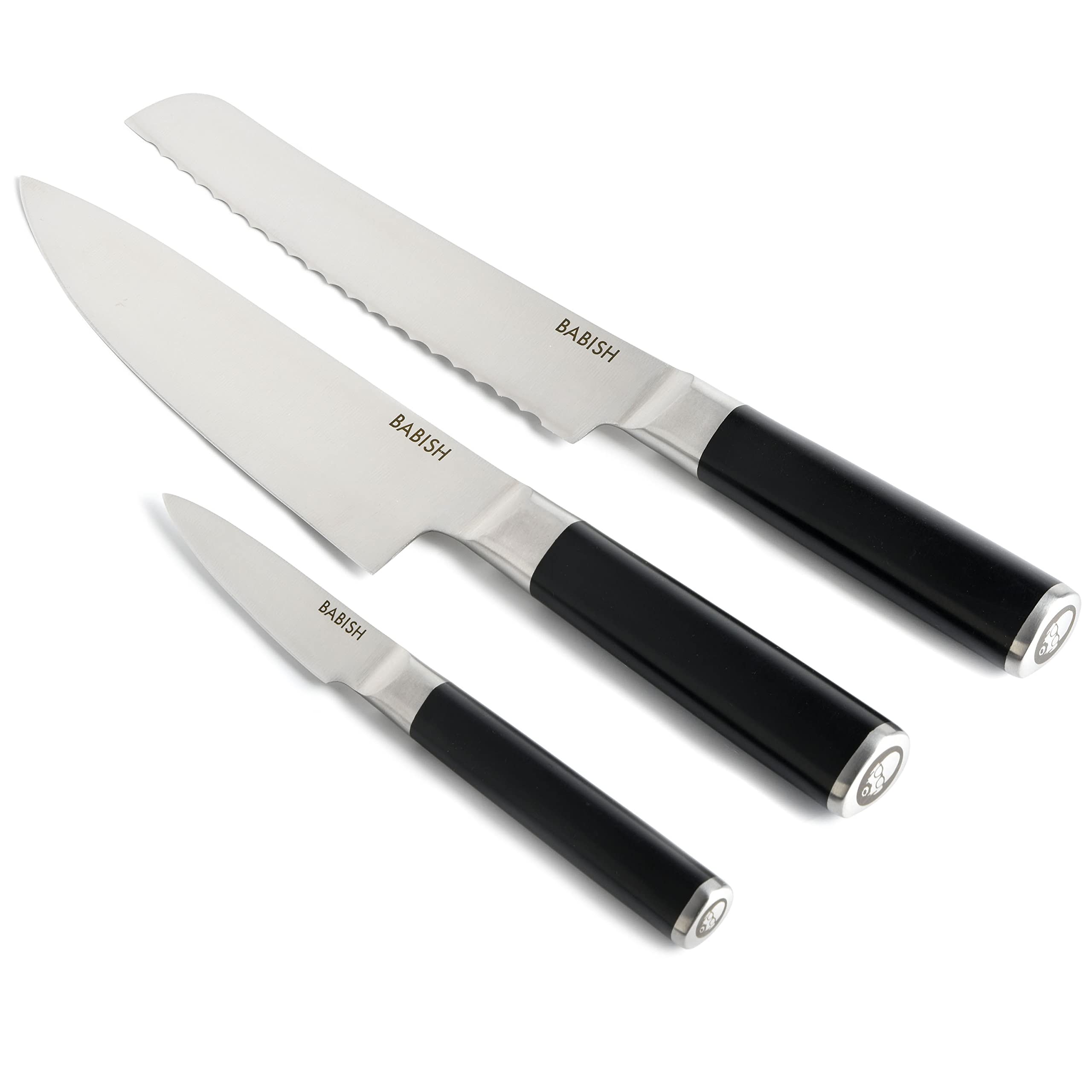 Babish German High-Carbon 1.4116 Steel Cutlery, 3-Piece w/Knife Roll & 12” & 9” Locking Kitchen Tong Set, Stainless Steel