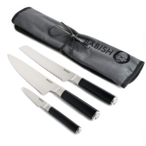 Babish German High-Carbon 1.4116 Steel Cutlery, 3-Piece w/Knife Roll & 12” & 9” Locking Kitchen Tong Set, Stainless Steel