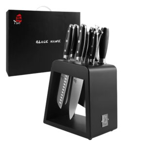tuo kitchen knife set - 10 pieces knife set with wooden block - premium forged german stainless steel, ergonomic pakkawood handle - black hawk series with gift box
