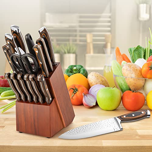 COSTWAY Kitchen Knife Set, Full Tang Knife Set with Block, Sharpener & Kitchen Shears, Includes Chef Knife, Bread Knife, Santoku Knife, Utility Knife, Paring Knife, 6 Steak Knives (15-Pieces, Brown)