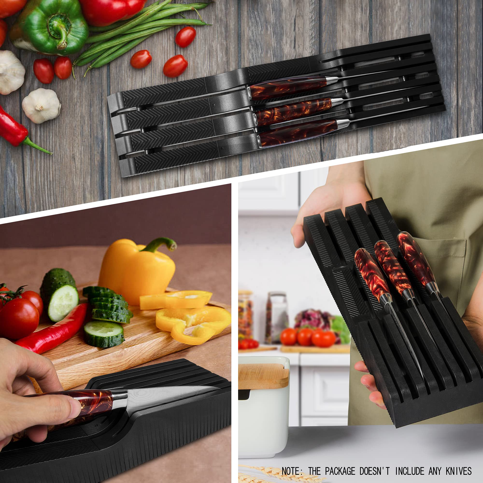 XYJ Drawer Kitchen Knife Holder PP+fiber Knife Stand With 3 Long slots 4 short slots Knives Block Black Non-slip Plastic Chef Knives Storage Organizer (Black)