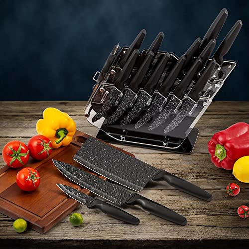 Knife Set, 17 Pcs Kitchen Knife Set, Chef Knife Block Set, German Stainless Steel Cooking Knife Set & Acrylic Stand, Kitchen Scissors, 6 Steak Knives