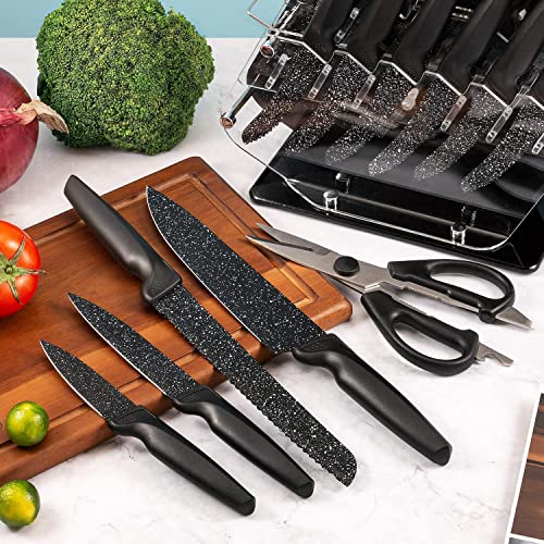 Knife Set, 17 Pcs Kitchen Knife Set, Chef Knife Block Set, German Stainless Steel Cooking Knife Set & Acrylic Stand, Kitchen Scissors, 6 Steak Knives