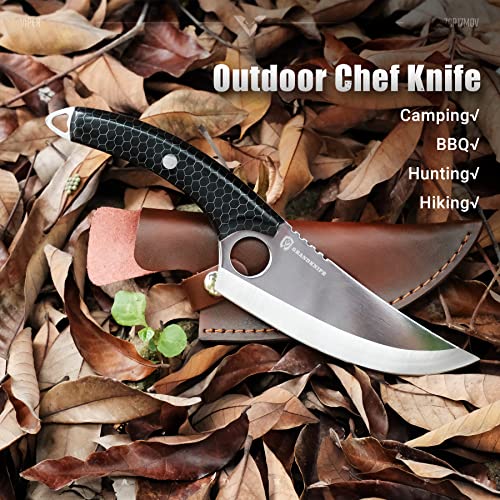 GRANDKNIFE Upgraded Viking Knife Kitchen Knife with Sheath - 6 inch Full Tang Chef Knife, Meat Cleaver for Kitchen, Camping, Hunting, BBQ - Black Handle