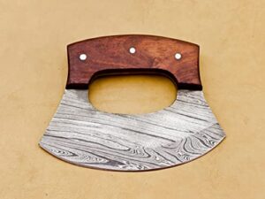 handmade damascus chef kitchen ulu knife chef knife heavy duty damascus handle walnut wood with leather sheath