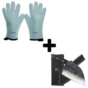 xl aqua silicone smoker oven gloves + meat cleaver kitchen knife -professional 7" serbian chef knife