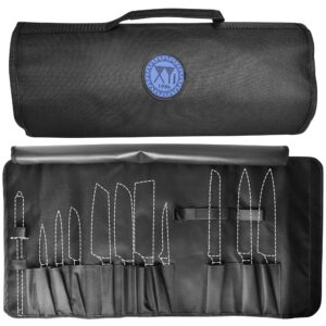xyj kithcen knife roll bag (13 slots) holds 12pcs knives and sharpener rod chef cooking portable durable storage pockets black roll bag carry case bag (knives not included)