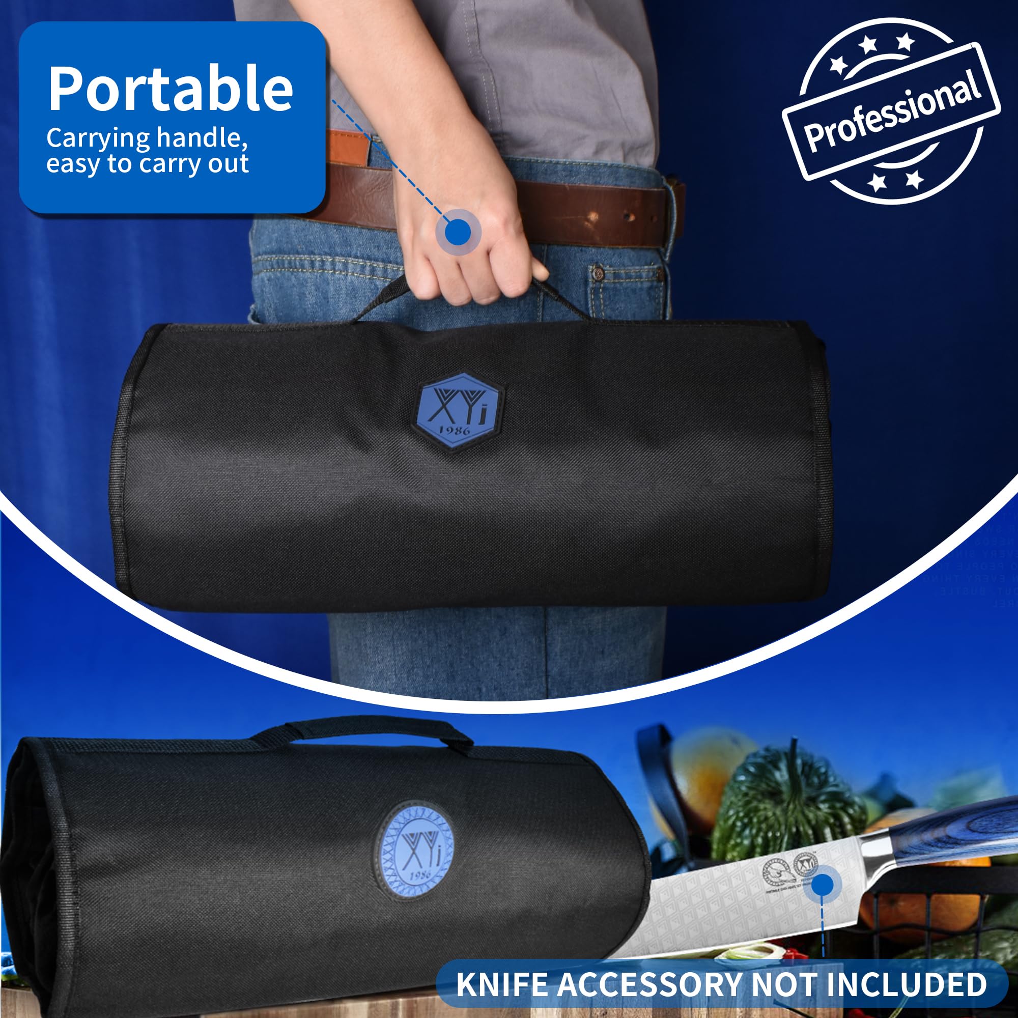 XYJ Kithcen Knife Roll Bag (13 slots) Holds 12pcs Knives and Sharpener Rod Chef Cooking Portable Durable Storage Pockets Black Roll Bag Carry Case Bag (Knives Not Included)