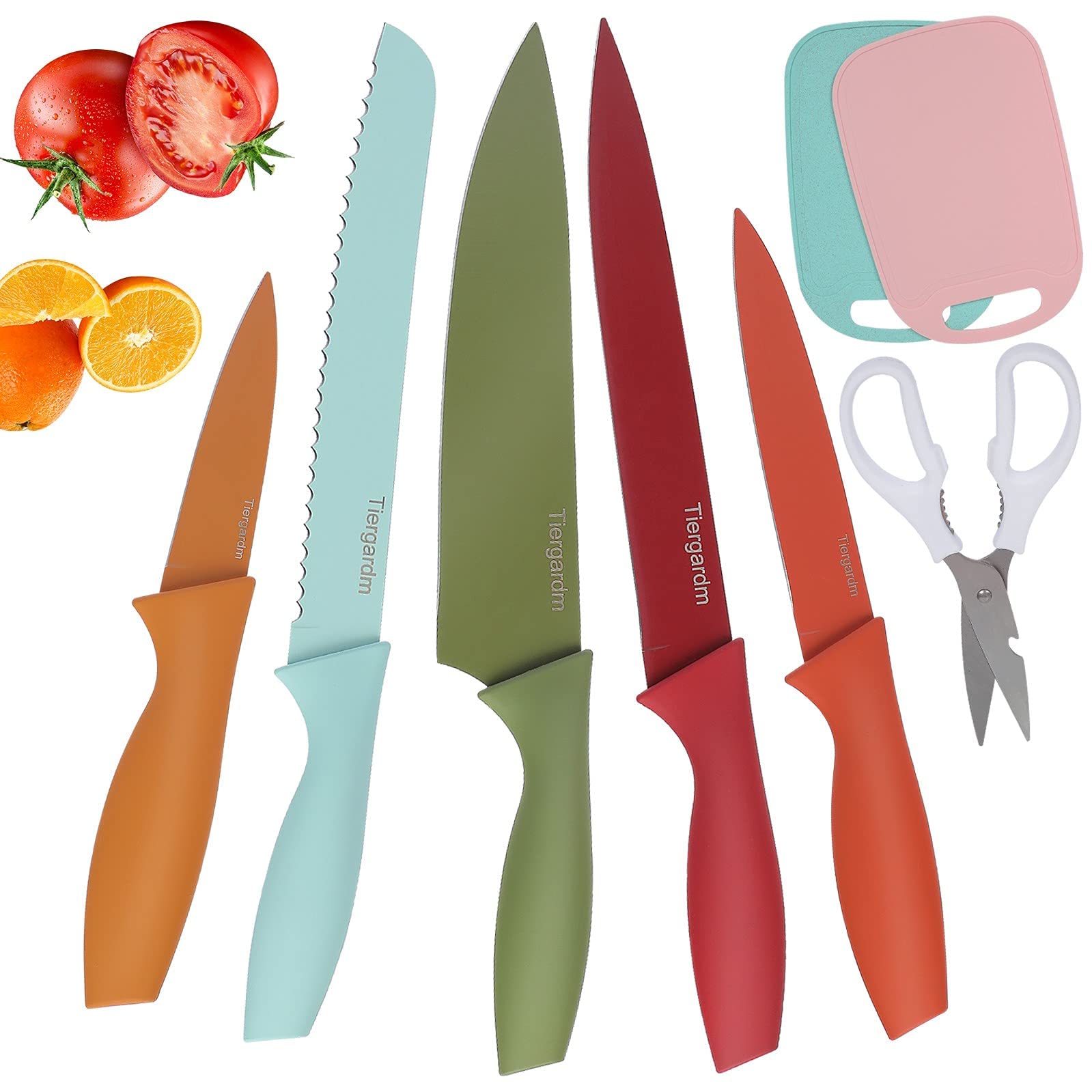 Tiergardm 8 Pcs Knife Sets 8'' Chef's Knife 8'' Bread Knife 8'' Slicer Knife 5'' Utility Knife 3.5'' Paring Knife 3.2'' Kitchen Shears and 2 Cutting Mats