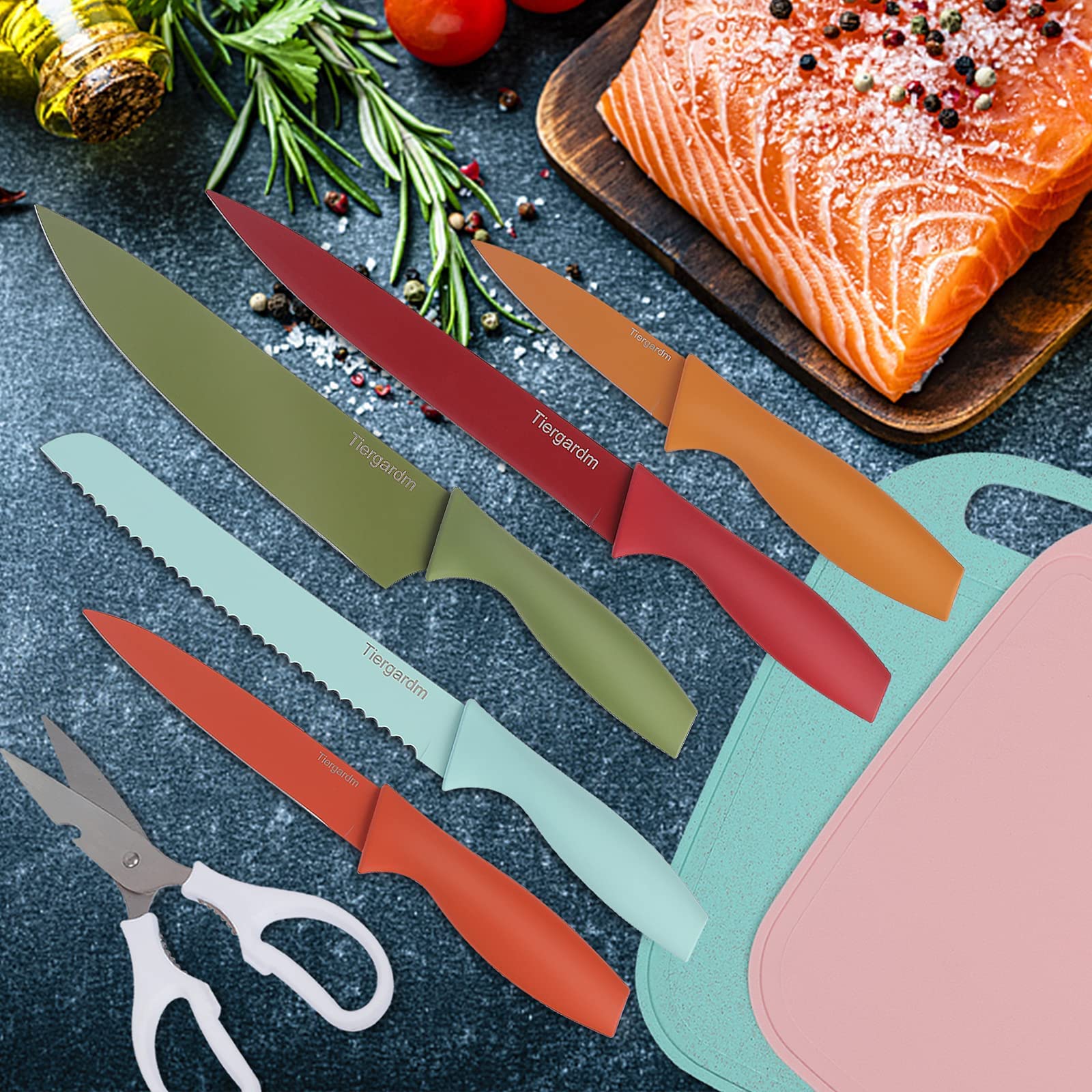 Tiergardm 8 Pcs Knife Sets 8'' Chef's Knife 8'' Bread Knife 8'' Slicer Knife 5'' Utility Knife 3.5'' Paring Knife 3.2'' Kitchen Shears and 2 Cutting Mats