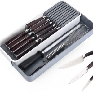 TUNGTAR Expandable Drawer Organizers with Knife Block Knife Drawer Organizer stackable Cutlery Tray Knife Holder adjustable drawer tray with Knife Block 9 Knives slot DIY drawer organizer