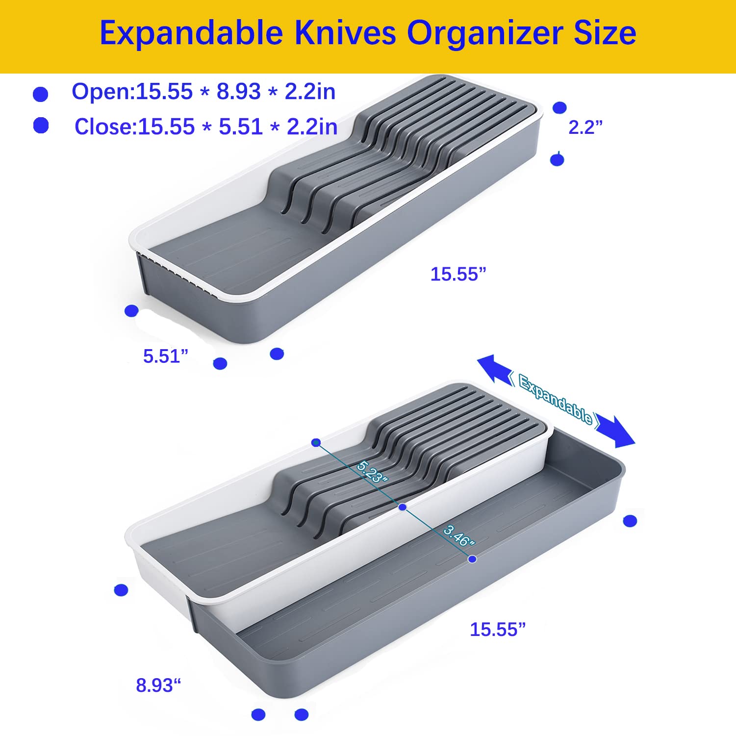 TUNGTAR Expandable Drawer Organizers with Knife Block Knife Drawer Organizer stackable Cutlery Tray Knife Holder adjustable drawer tray with Knife Block 9 Knives slot DIY drawer organizer