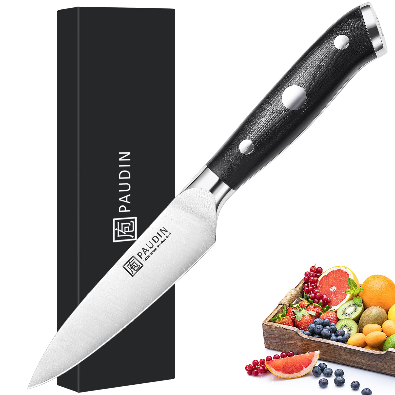 PAUDIN Paring Knife, 3.5 inch Sharp chef's Knife, High Carbon German Steel Fruit Peeling Knife with Ergonomic Triple Rivet G10 Handle, Classic Forged Kitchen Knife