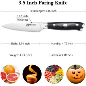 PAUDIN Paring Knife, 3.5 inch Sharp chef's Knife, High Carbon German Steel Fruit Peeling Knife with Ergonomic Triple Rivet G10 Handle, Classic Forged Kitchen Knife