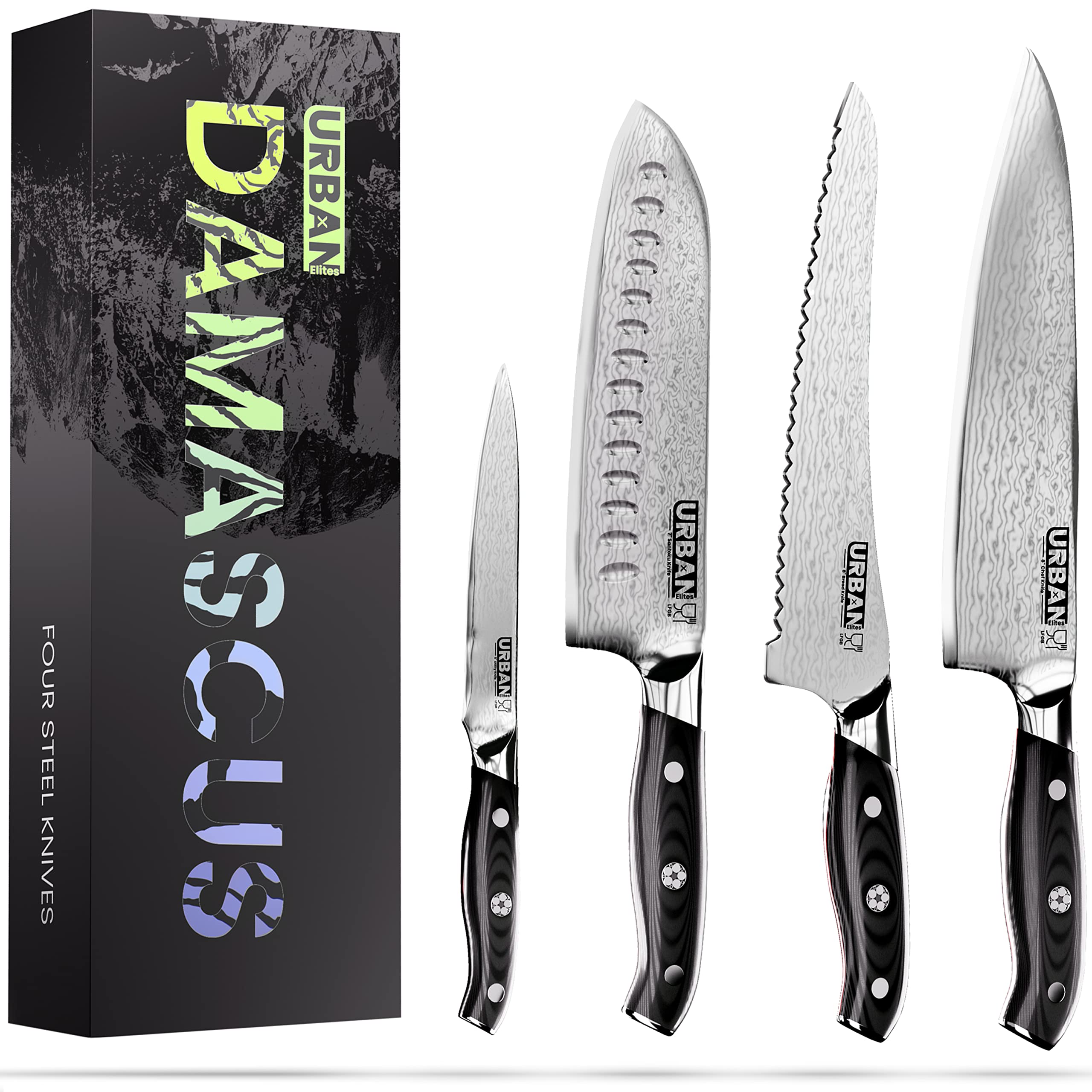 UrbanXElites Damascus Knife Chef Knife set - 4 Real Damascus Professional knife sets for chefs with Japanese knife VG10 Steel, Professional damascus knife set | Full Tang G10 Handle | Gift Box