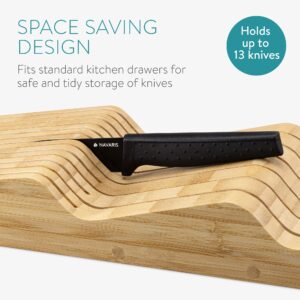 Navaris In-Drawer Knife Block - Organizer with Slots for 13 Knives - Bamboo Storage Insert for Kitchen Drawers 5 15/16" Wide x 15 3/4" Deep x 2" High