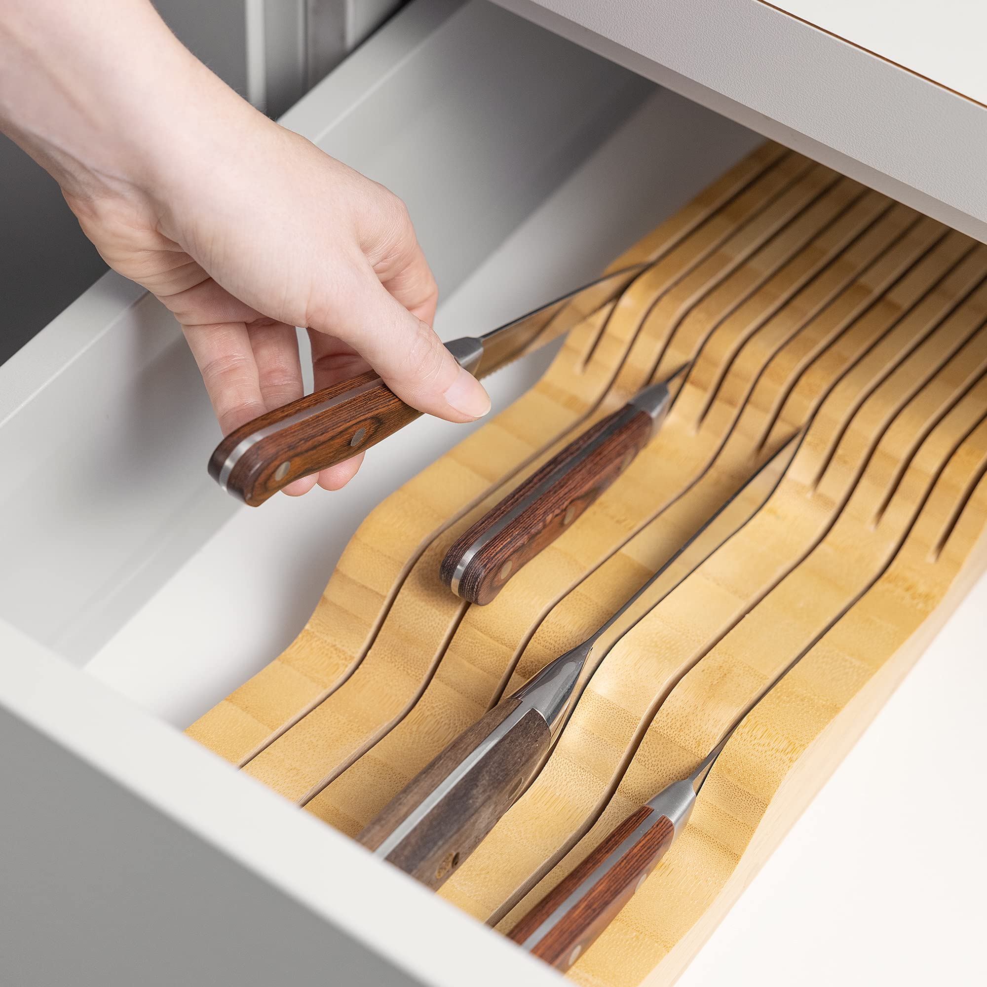 Navaris In-Drawer Knife Block - Organizer with Slots for 13 Knives - Bamboo Storage Insert for Kitchen Drawers 5 15/16" Wide x 15 3/4" Deep x 2" High