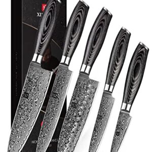 XINZUO 5PC Kitchen Knife Set Damascus Steel High Carbon Steel Chef Knife Slicing Knife Santoku Knife Utility Knife Paring Knife Sets with Pakkawood - Ya Series