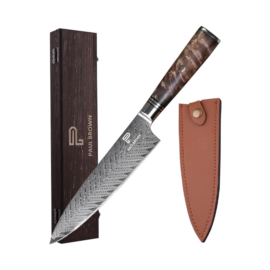 Paul Brown's™ Japanese AUS10 Damascus Steel 8 inch Chef Knife Sapele Wood Handle Arrow Pattern 67 Layers Sharp Kitchen Knife with Pine wood Gift box and Leather Sheath