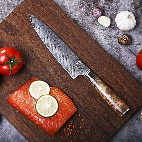 Paul Brown's™ Japanese AUS10 Damascus Steel 8 inch Chef Knife Sapele Wood Handle Arrow Pattern 67 Layers Sharp Kitchen Knife with Pine wood Gift box and Leather Sheath