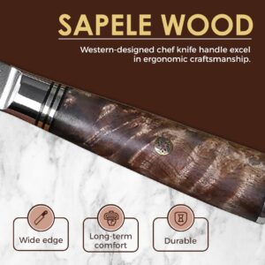 Paul Brown's™ Japanese AUS10 Damascus Steel 8 inch Chef Knife Sapele Wood Handle Arrow Pattern 67 Layers Sharp Kitchen Knife with Pine wood Gift box and Leather Sheath