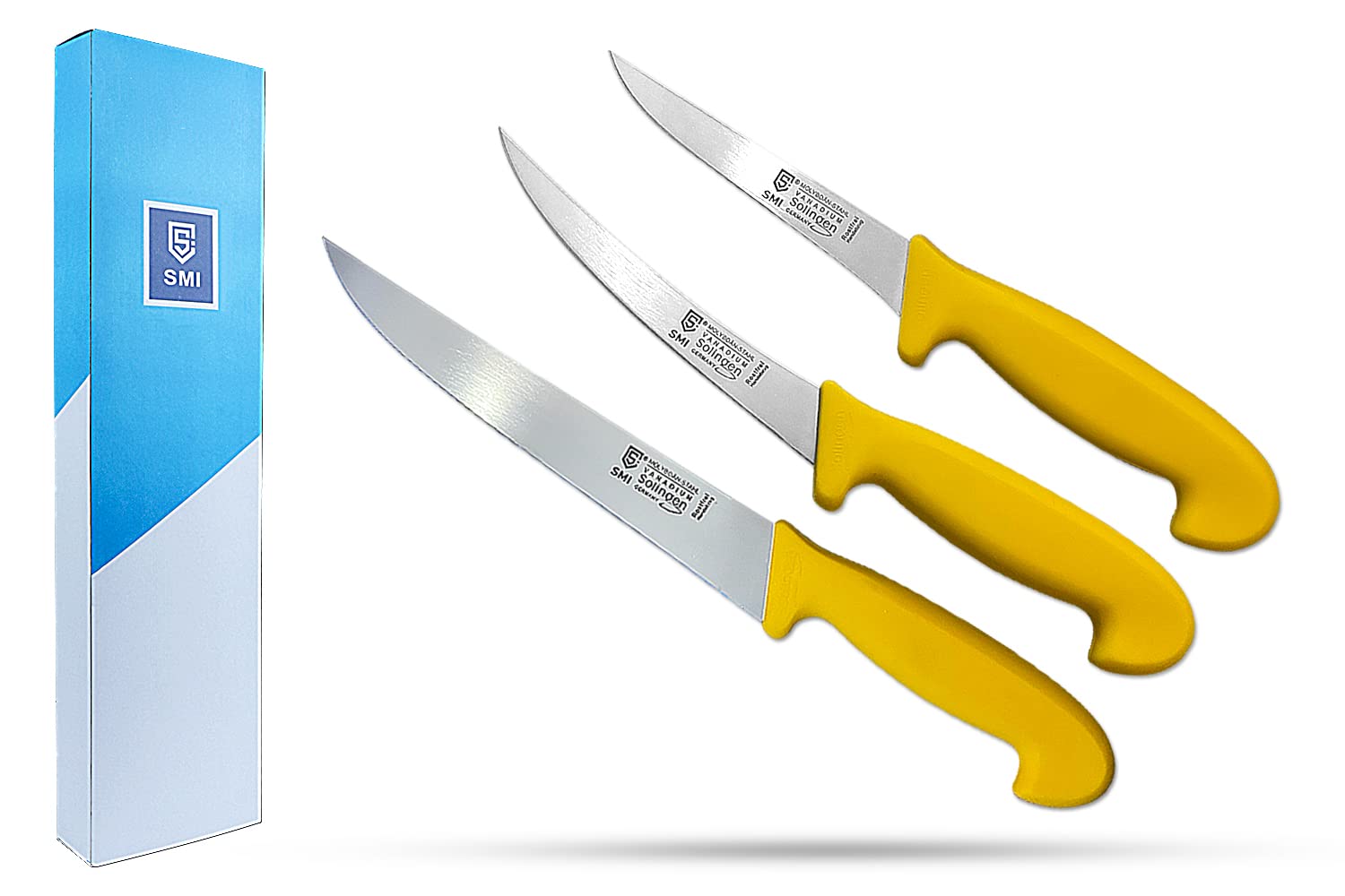 SMI - 3 Pcs Butcher Knife Set Boning Knife 5, 6 inch Butcher Knife 8 Inch for Cutting Meat Solingen Knife Made in Germany