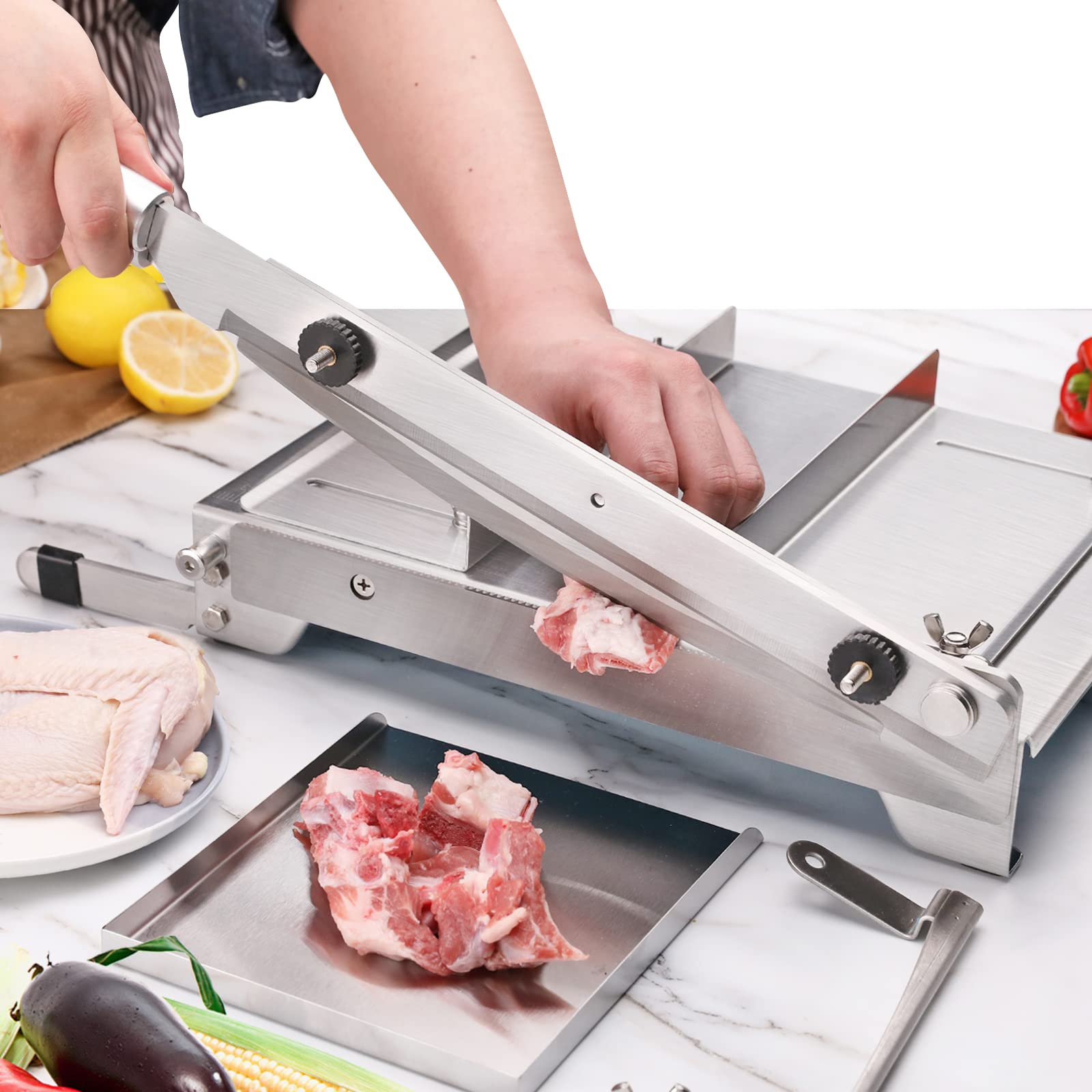 Moongiantgo Manual Frozen Meat Slicer Bone Short Rib Cutter Chicken Chopper Machine 13.5 Inch Double Blade Heavy Duty Guillotine Biltong Cutter for Korean BBQ Shabu Hot Pot (KD0288)