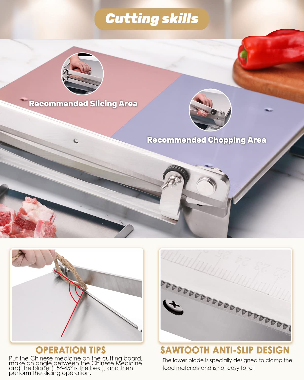 Moongiantgo Manual Frozen Meat Slicer Bone Short Rib Cutter Chicken Chopper Machine 13.5 Inch Double Blade Heavy Duty Guillotine Biltong Cutter for Korean BBQ Shabu Hot Pot (KD0288)