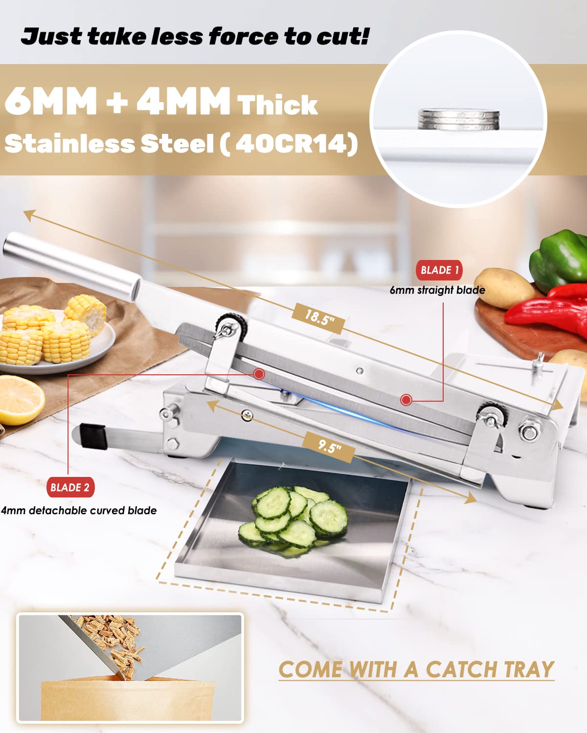 Moongiantgo Manual Frozen Meat Slicer Bone Short Rib Cutter Chicken Chopper Machine 13.5 Inch Double Blade Heavy Duty Guillotine Biltong Cutter for Korean BBQ Shabu Hot Pot (KD0288)