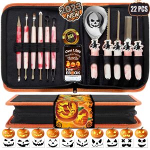 pumpkin carving kit with stencils ebook & carrying case, 22 pcs heavy duty stainless steel knife professional sculpting tool set for kid adult