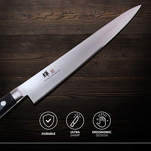 JCK Original Kagayaki Japanese Chef’s Knife, KG-9ES Professional Sujihiki Knife, VG-1 High Carbon Japanese Stainless Steel Pro Kitchen Knife with Ergonomic Pakka Wood Handle, 9.4 inch