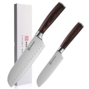 keemake santoku knife set of 2pcs, japanese chef knife set with german high carbon stainless steel 1.4116 kitchen knives, knife set with pakkawood handle knife for kitchen cutting knife