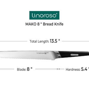 linoroso Serrated Bread Knife for Homemade Bread,Ultra Sharp Forged German High Carbon Stainless Steel Blade(8 inch),Full Tang,Ergonomic Handle- MAKO Series