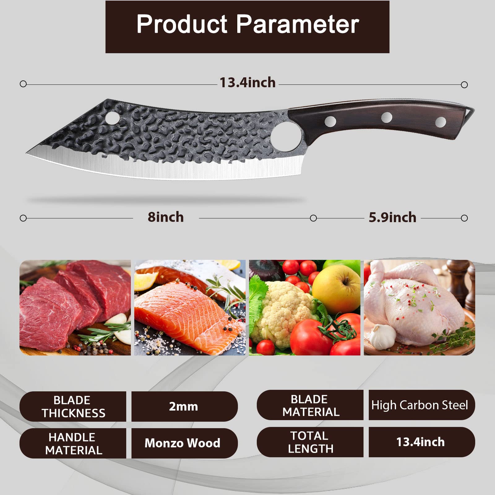 Purple Dragon 8Inch Ultra Sharp Butcher Knife with 8.5Inch Full Tang Vegetable Cleaver Knife