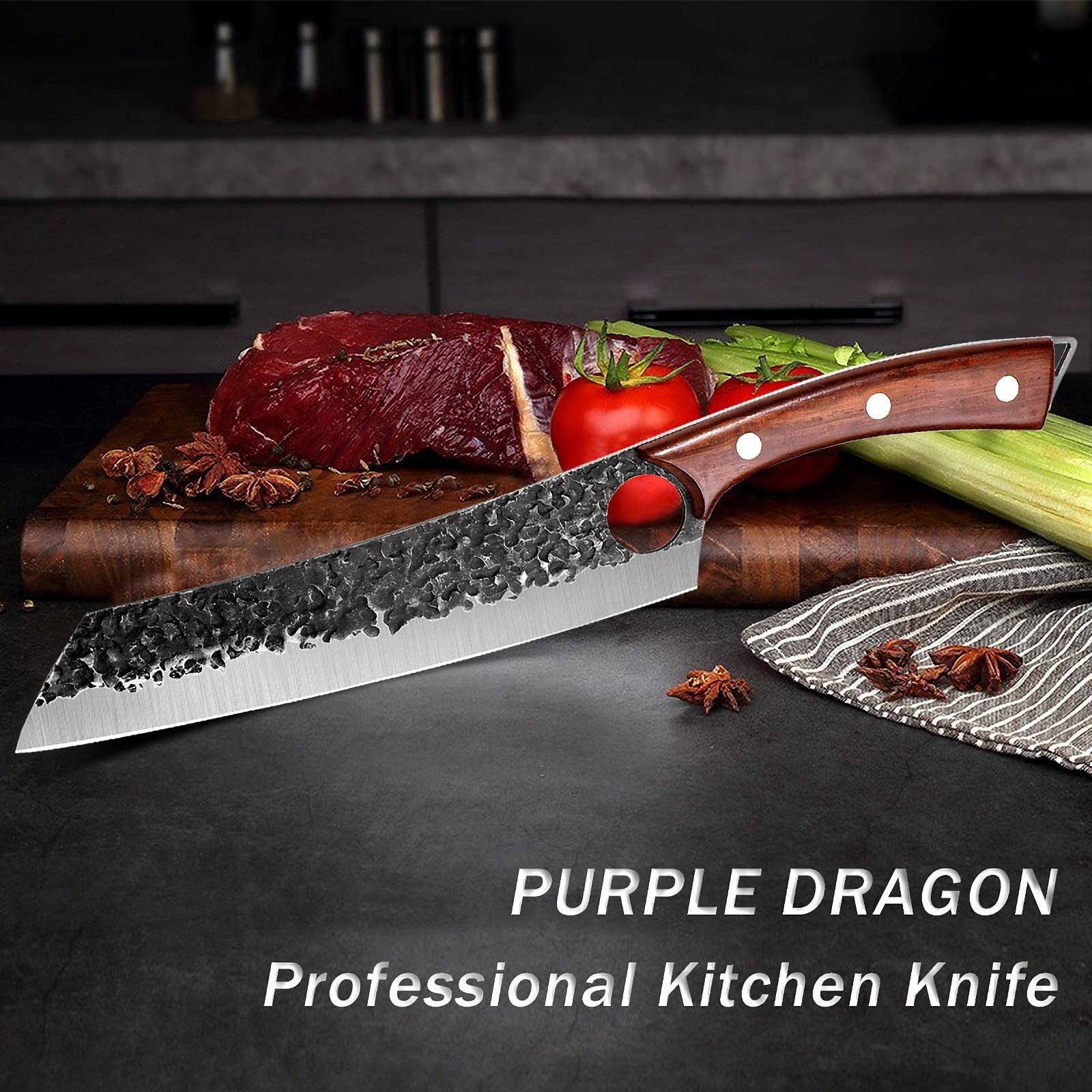 Purple Dragon 8Inch Ultra Sharp Butcher Knife with 8.5Inch Full Tang Vegetable Cleaver Knife