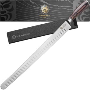 kessaku 14-inch slicing carving knife - samurai series - serrated granton edge - forged high carbon 7cr17mov stainless steel - pakkawood handle with blade guard