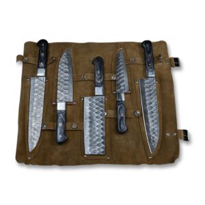 morf steelware professional damascus kitchen knife set - 5 piece chef knife collection, handmade with steel and leather roll - knife for chefs and home cook