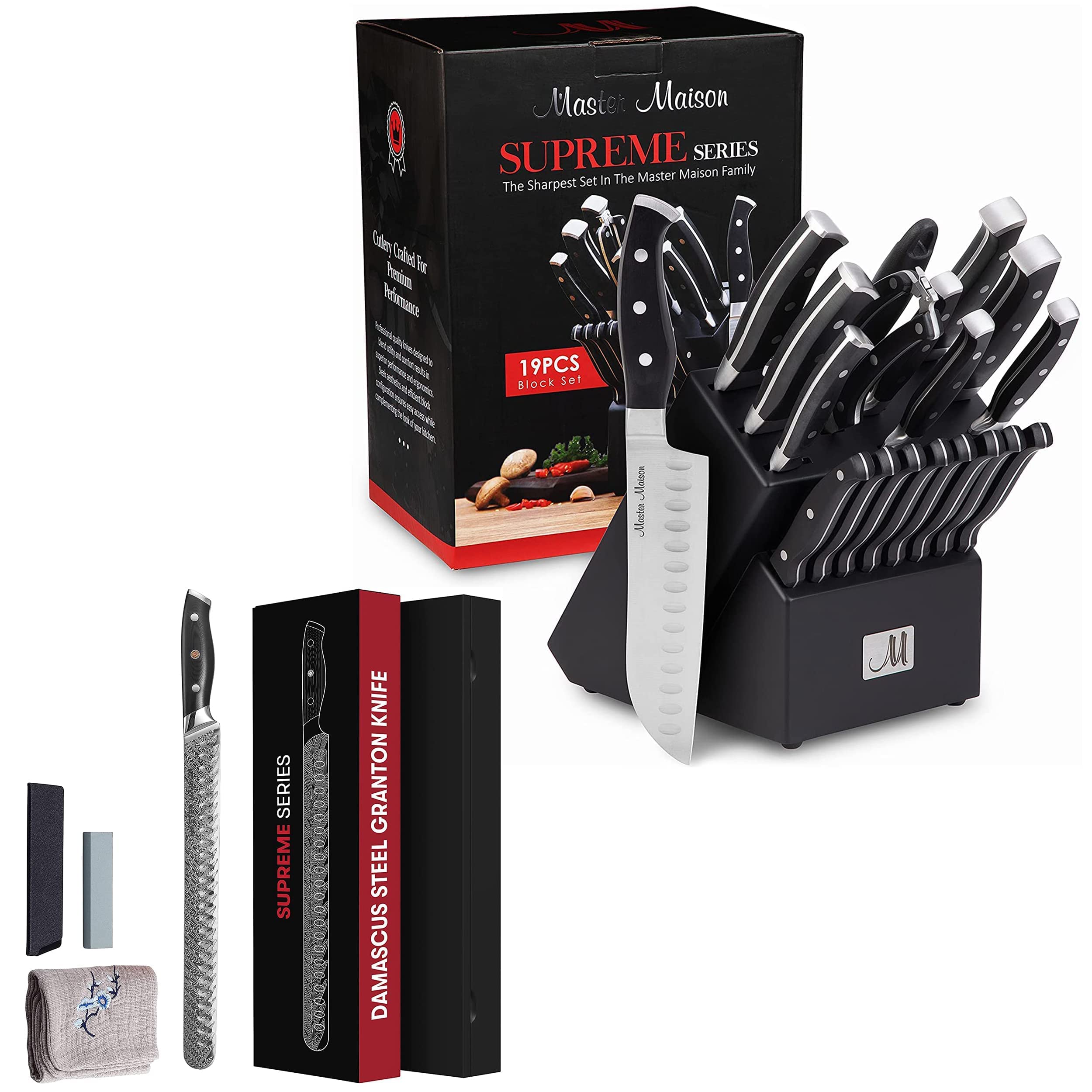 Master Maison Premium 19-Piece Kitchen Knife Set With Wooden Storage Block And Damascus Steel Granton Edge Carving Knife Set With Edge Guard Cover & Gift Box | German & Japanese Stainless Steel, Black