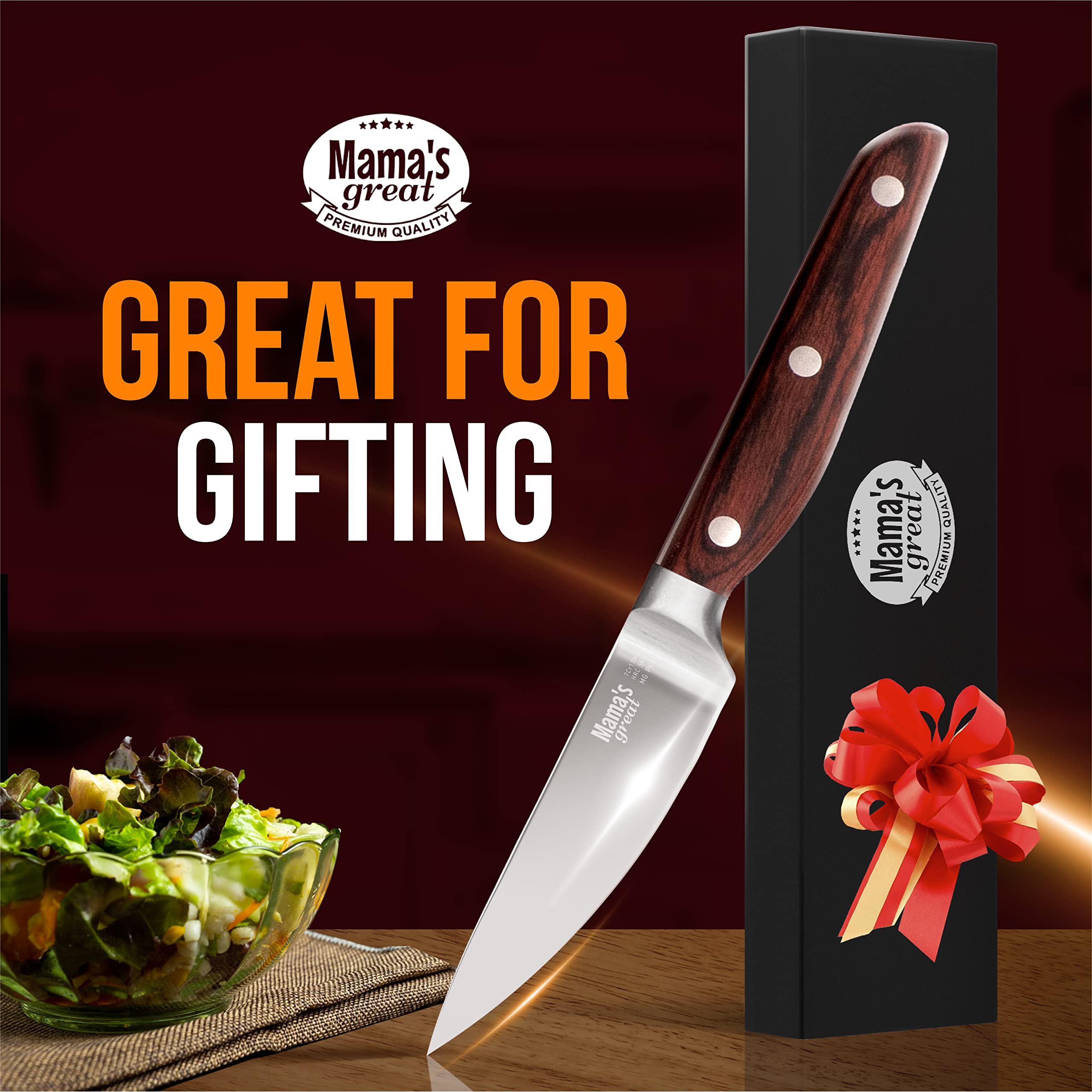 Mama's Great 3.5 Inch Kitchen Paring Knife - Multipurpose Razor Sharp Small Knife with High Carbon Stainless Steel Full Tang Blade and Ergonomic Non-Slip Pakkawood Handle