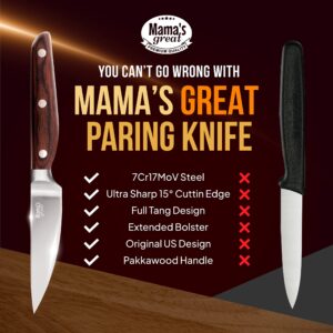 Mama's Great 3.5 Inch Kitchen Paring Knife - Multipurpose Razor Sharp Small Knife with High Carbon Stainless Steel Full Tang Blade and Ergonomic Non-Slip Pakkawood Handle