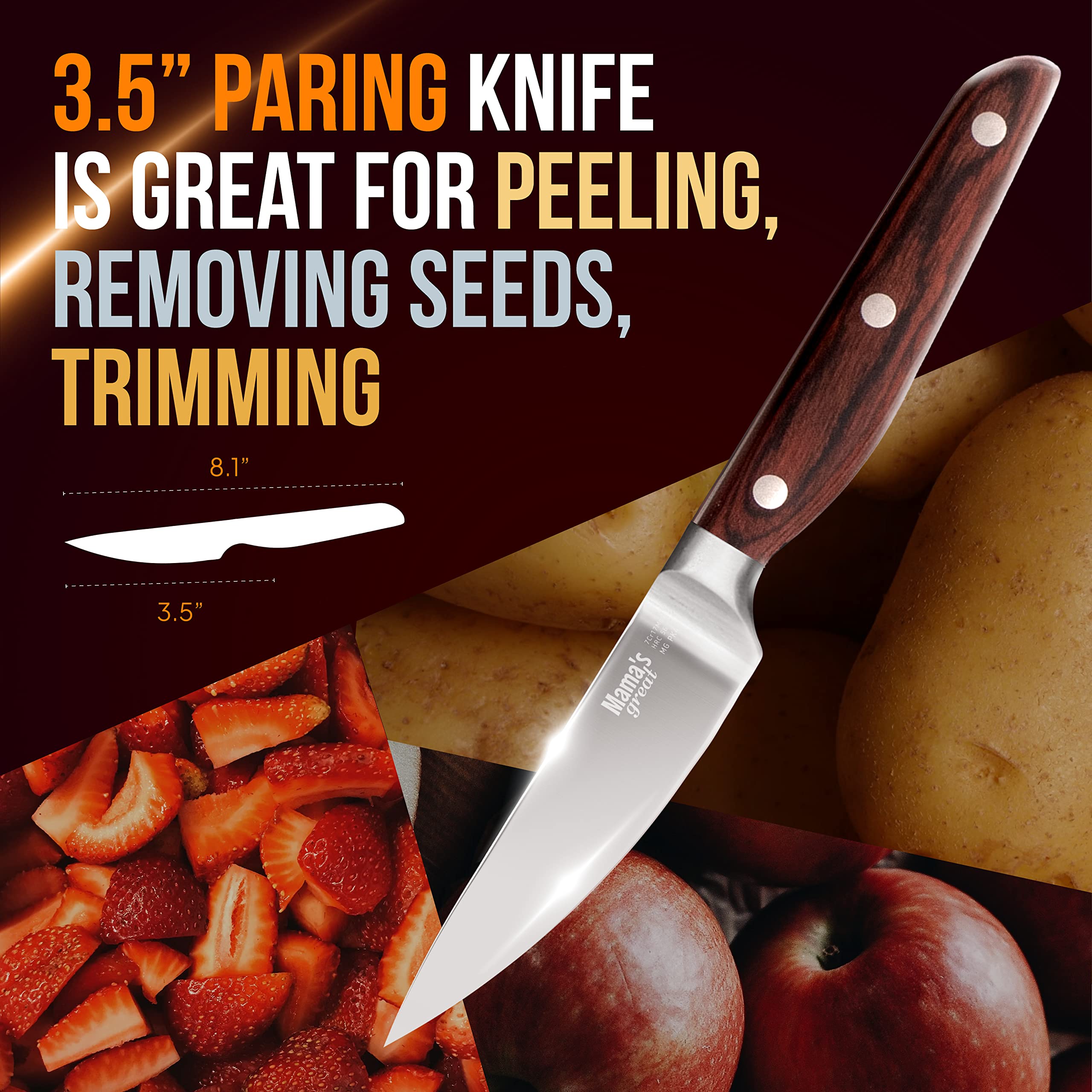 Mama's Great 3.5 Inch Kitchen Paring Knife - Multipurpose Razor Sharp Small Knife with High Carbon Stainless Steel Full Tang Blade and Ergonomic Non-Slip Pakkawood Handle