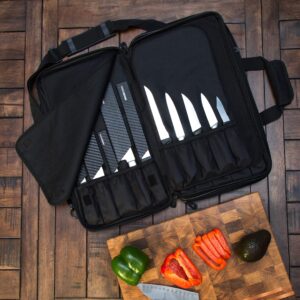 Asaya Chef Knife Bag - 28 Pockets for Knives and Kitchen Utensils - Durable Ballistic Nylon, Black Stainless Steel Hardware, Card Holder and Adjustable Shoulder Strap - Knifes not Included (Black)