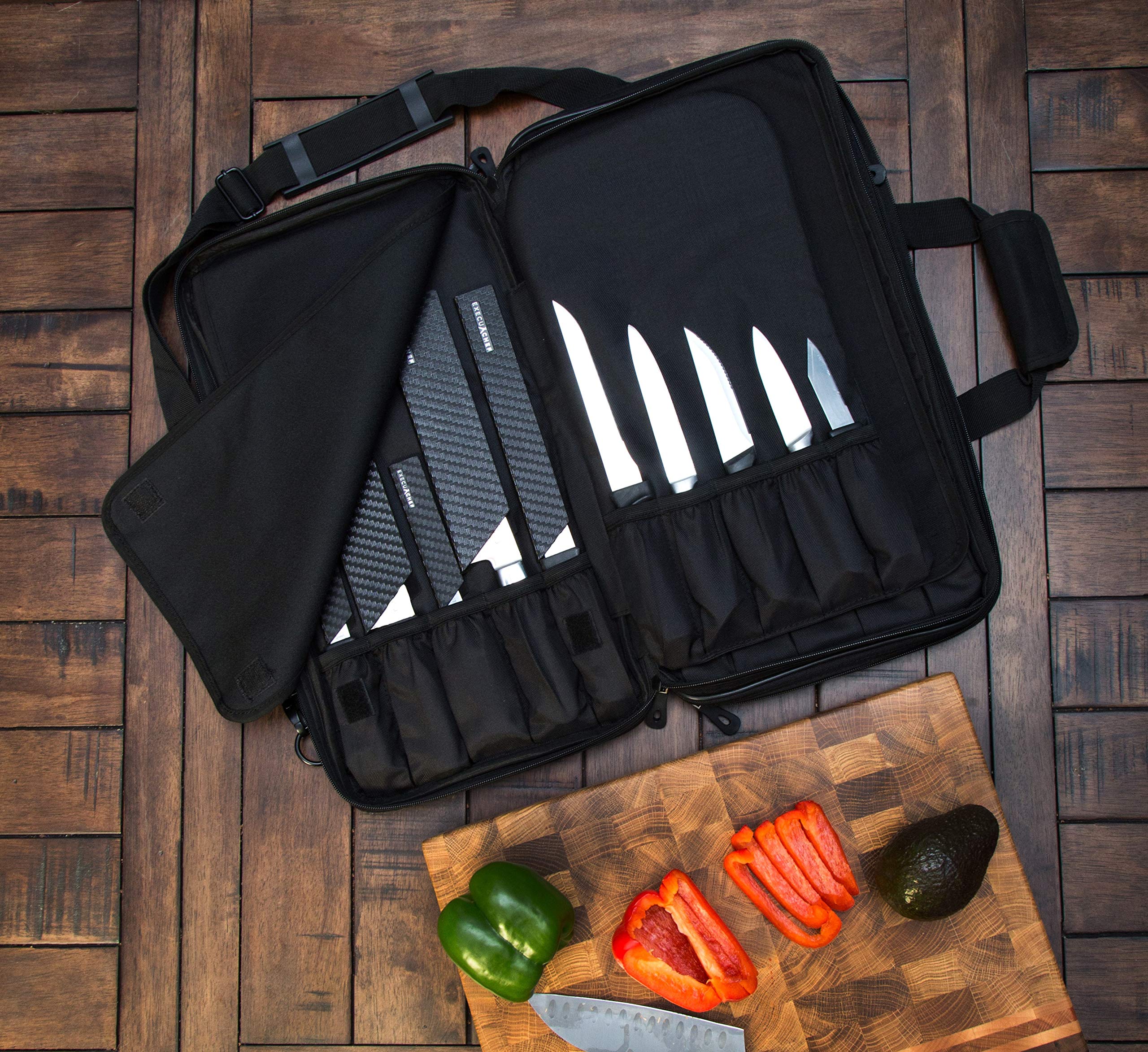 Asaya Chef Knife Bag - 28 Pockets for Knives and Kitchen Utensils - Durable Ballistic Nylon, Black Stainless Steel Hardware, Card Holder and Adjustable Shoulder Strap - Knifes not Included (Black)