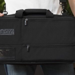 Asaya Chef Knife Bag - 28 Pockets for Knives and Kitchen Utensils - Durable Ballistic Nylon, Black Stainless Steel Hardware, Card Holder and Adjustable Shoulder Strap - Knifes not Included (Black)