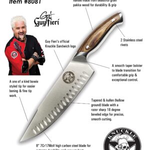 Guy Fieri Knuckle Sandwich 3pc Set 8-IN Chef knife, 6-IN Serrated Off-Set Utility Knife with Prong Tip and 4-IN Paring Knife, Premium 7CR17MoV Stainless Steel with Ergonomic Pakkawood Handles