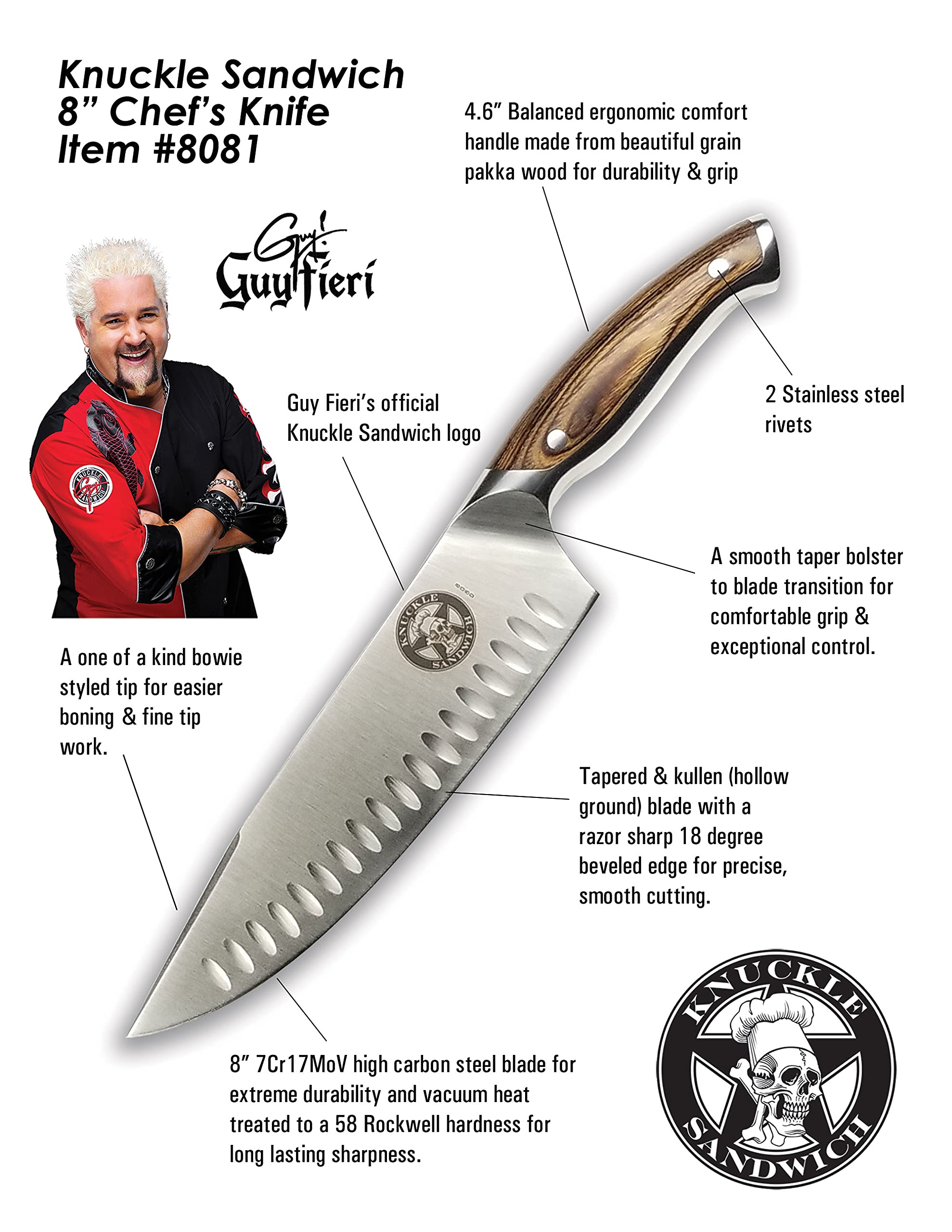 Guy Fieri Knuckle Sandwich 3pc Set 8-IN Chef knife, 6-IN Serrated Off-Set Utility Knife with Prong Tip and 4-IN Paring Knife, Premium 7CR17MoV Stainless Steel with Ergonomic Pakkawood Handles