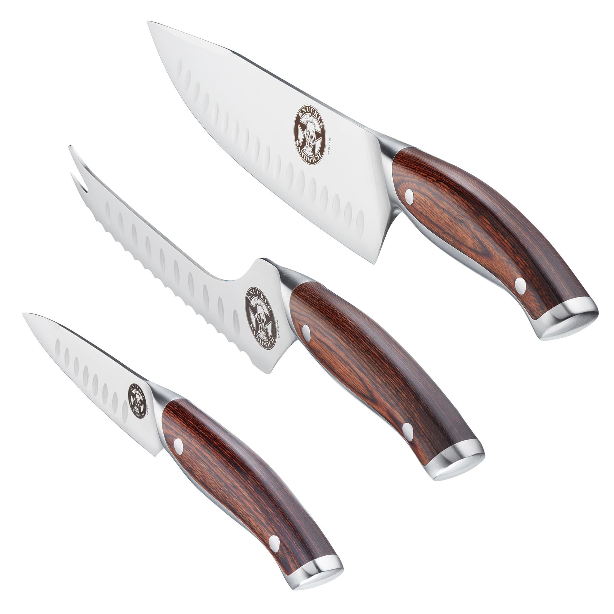 Guy Fieri Knuckle Sandwich 3pc Set 8-IN Chef knife, 6-IN Serrated Off-Set Utility Knife with Prong Tip and 4-IN Paring Knife, Premium 7CR17MoV Stainless Steel with Ergonomic Pakkawood Handles