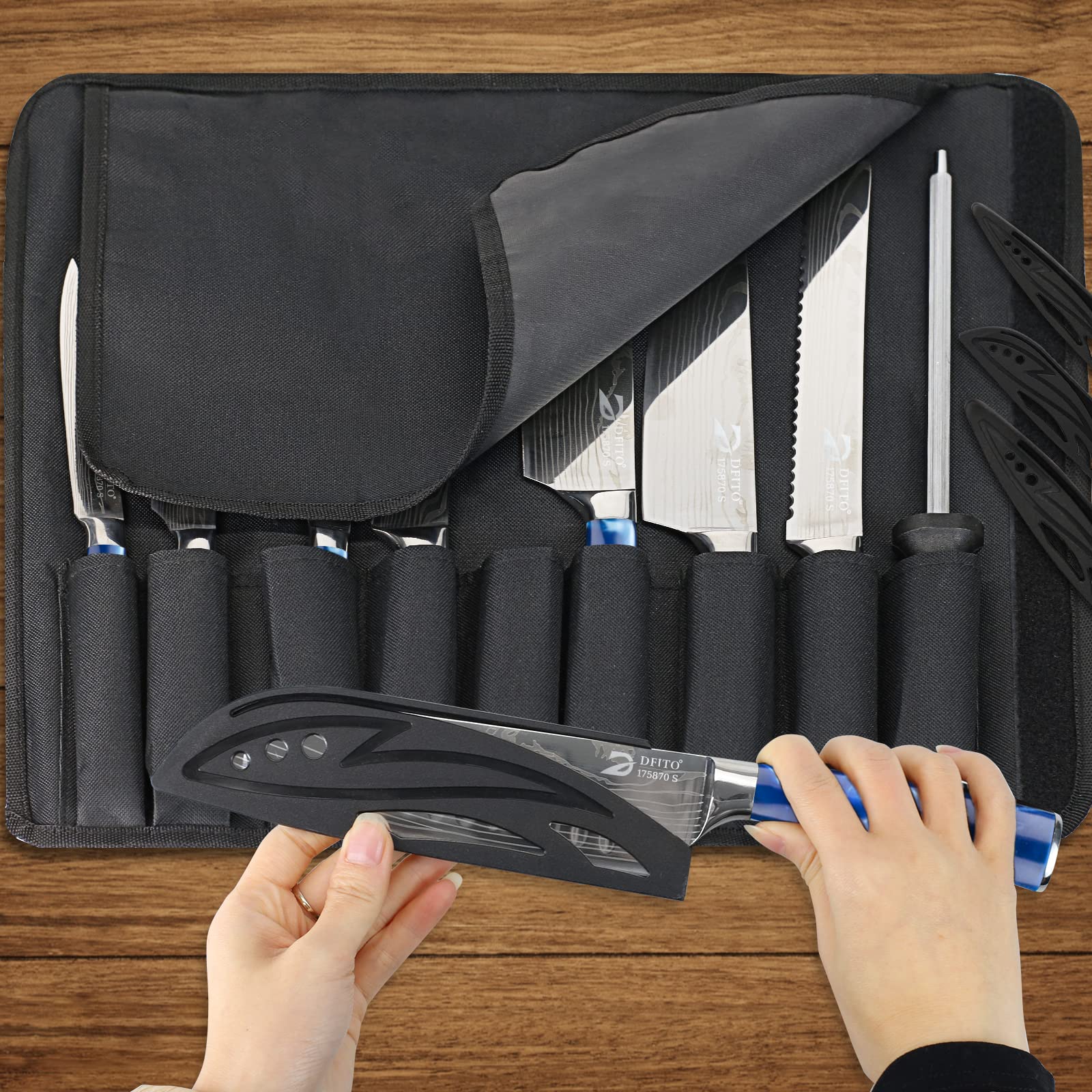 Dfito Chef Knife Sets with Roll Bag, 9 Pieces Professional Knife Set, High Carbon Stainless Steel Kitchen Chef Knife Set, Red Pakkawood Handle, Dishwasher Safe